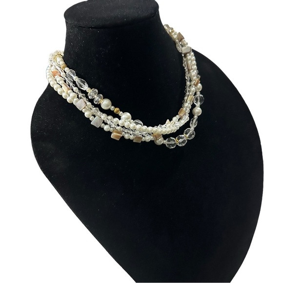 PD Premier Designs White 5 Strand Clear Glass Faux Pearl MOP Bib Necklace 17-21” - Picture 10 of 13